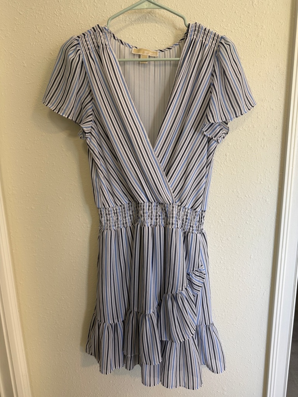 MICHAEL Michael Kors Striped V-Neck Ruffle Mini Dress in Blue & White